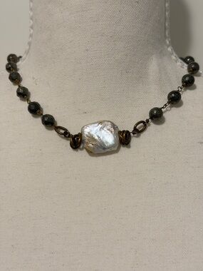 ALJ Artisan Baroque Freshwater Pearl Necklace Faceted Pyrite Beads Brass